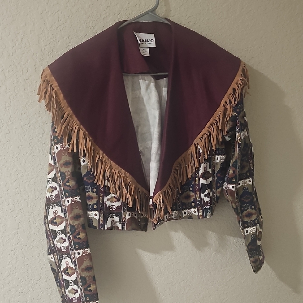 Vintage Banjo Fringe Jacket with Patterned Sleeves